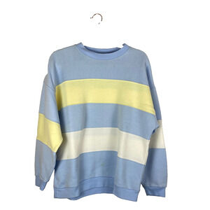Vtg 80s 90s Sweatshirt Crewneck Womens L Yellow Blue Preppy Cottage Colorblock